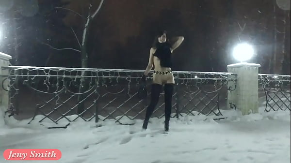 Nude public masturbation in snow scene