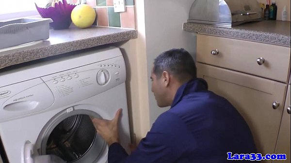 Mom with repair boy in kitchen scene